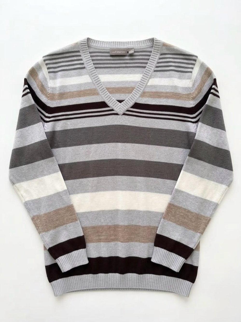Croft & Barrow Striped V-Neck Knit Pullover Sweater Size Large Gray Tan Cream